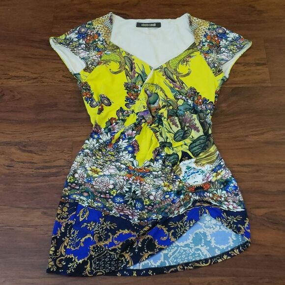 Roberto Cavalli Floral Lime Yellow Short Sleeve Mock Wrap Blouse Size 40 - Picture 1 of 5